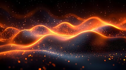 Fototapete - Vibrant glowing lines flowing and swirling across a dark orange and black abstract background with a blurred gradient effect