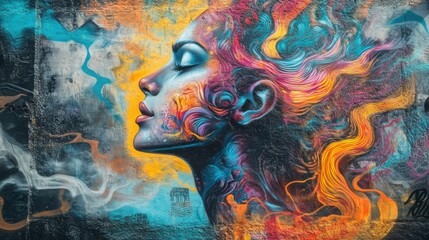 Leinwandbilder - Mystical profile of a woman adorned with vibrant colors and swirling patterns against a textured background