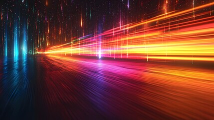 Poster - Mesmerizing abstract motion of glowing vibrant colorful stripes with smooth blurred gradient transitions on a dark orange and black background creating a captivating futuristic sci fi atmosphere
