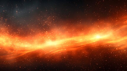 Aufkleber - Vibrant cosmic abstraction with dynamically flowing glowing horizontal stripes of light against a dark blurred gradient background in shades of orange  Fiery
