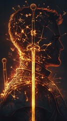 Aufkleber - Mystical profile of a man illuminated by glowing swords and cosmic elements