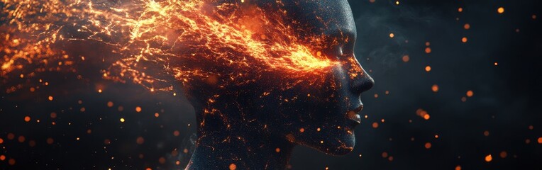 Aufkleber - Mystical profile of a man filled with fiery elements against a dark background