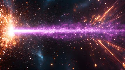 Poster - A futuristic purple laser beam piercing a black backdrop surrounded by vibrant flares and radiant light rays creating a dynamic cosmic and tech inspired visual spectacle