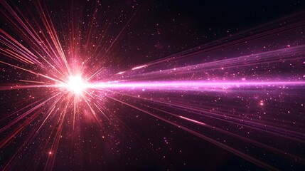 Fototapete - Glowing purple laser beam with intricate flare effects and streaks of light rays spreading outward on a dark black background creating an intense cosmic and futuristic visual display