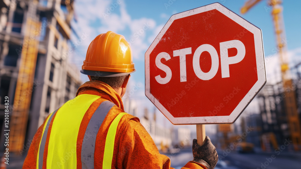 Construction worker holding stop sign at building site, wearing safety ...