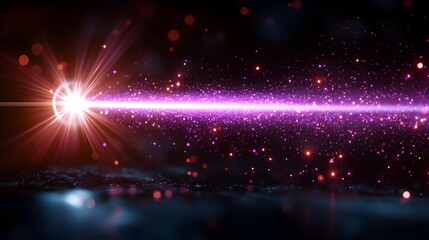Fototapete - Bright vibrant purple laser beam emitting radiant rays of light and dazzling flare effects on a sleek dark black background  The image has a futuristic
