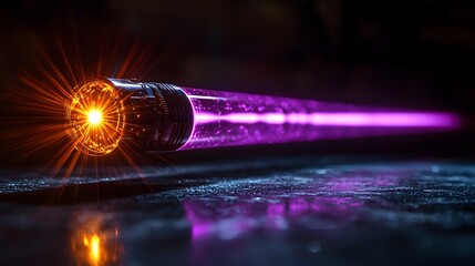 Fototapete - Bold and vivid purple laser beam glowing intensely on a black backdrop with radiant light rays and flare effects creating a futuristic sci fi inspired digital artwork