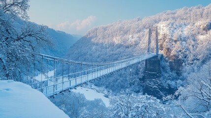 Aufkleber - Suspension bridge stands amidst a serene winter landscape blanketed in snow