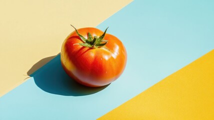 Wall Mural - Ripe red tomato rests on colorful striped background