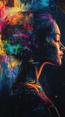 Aufkleber - Vibrant silhouette of a woman surrounded by colorful abstract patterns showcasing the beauty of femininity and creativity at dusk
