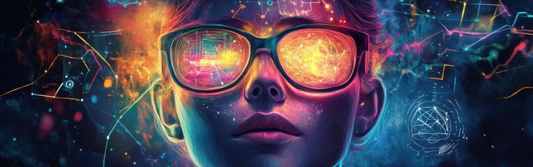 Poster - Vibrant depiction of a teacher's face glowing with inspiration and knowledge in a colorful cosmic atmosphere
