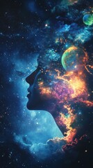 Poster - Surreal representation of a glowing woman with cosmic elements in a vibrant galaxy setting