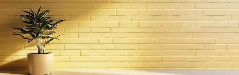 Aufkleber - Smooth pale yellow brick wall with an accompanying potted plant in a sunlit indoor space