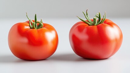 Wall Mural - Two ripe, fresh tomatoes with green stems on white background