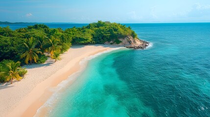 Remote tropical island with pristine beaches, dense jungle, and vivid blue sky, realistic 8K resolution,