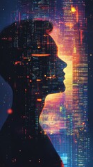 Poster - Serene silhouette of a man illuminated by glowing city lights at dusk