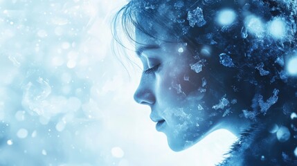 Poster - Portrait of a glowing woman surrounded by shimmering ice particles in a winter landscape during the early morning light