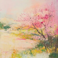 Poster - Pink Blossom Tree Landscape Painting, Spring Nature Scene