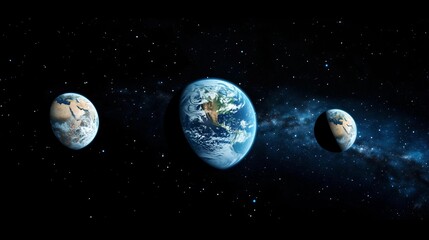Wall Mural - three planets in space, one planet is blue and the other two are white. black background