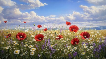 vibrant wildflower field filled with red poppies and daisies under a blue sky with fluffy clouds
