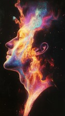 Poster - Mystical profile of a man filled with colorful cosmic flames in an ethereal atmosphere