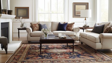 Aufkleber - Elegant living room featuring a classic Persian rug with contemporary furnishings and soft natural light