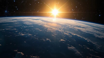 Wall Mural - a breathtaking view of the earth from space, with the sun rising over one half and casting long shad