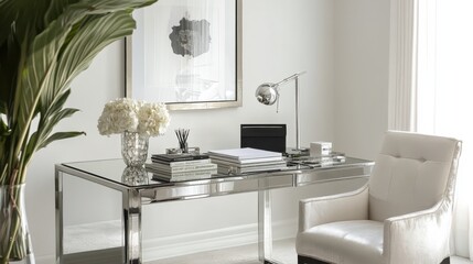 Poster - Stylish home office with mirrored desk and elegant decor for productive workspace inspiration