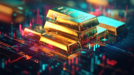 Leinwandbilder - Glowing gold bars illuminate investment opportunities in a digital trading environment at sunset