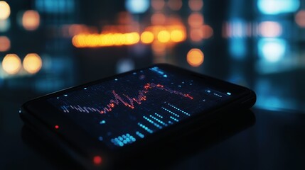 Aufkleber - Glowing financial app interface displayed on smartphone at night amidst blurred city lights