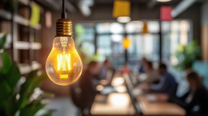 Poster - Glowing vintage-style light bulb illuminating a modern workspace with people working