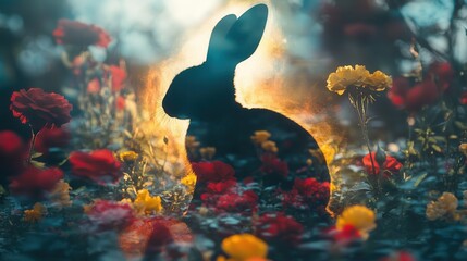 Aufkleber - Glowing double exposure of an Easter bunny surrounded by colorful flowers in vibrant spring light