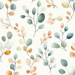Poster - Gentle watercolor doodle of leaves and branches in soft hues showcasing a natural pattern on a light background