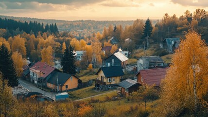 Wall Mural - scenic village landscape with autumn trees and houses