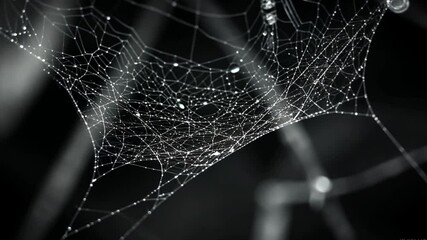Intricate Spider Web with Dew Drops Captured in a Dark, Mysterious and Detailed Close-Up