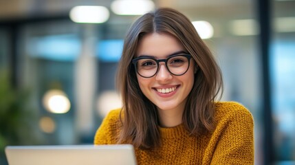 Aufkleber - Young woman with glasses smiles brightly while working on her laptop in a modern workspace during daytime
