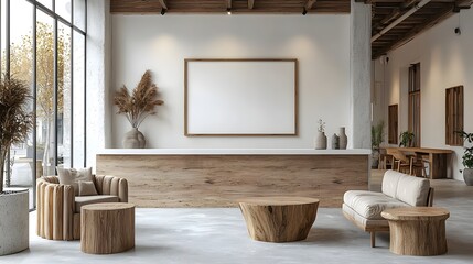 Fototapete - Minimalist modern office interior featuring a white wall mockup with natural wooden furniture clean lines and a cozy contemporary aesthetic