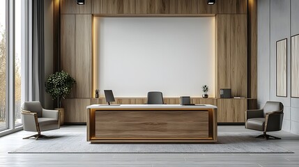 Aufkleber - A contemporary and minimalist office interior design featuring a spacious workspace with wooden furniture sleek desks and chairs and an empty white wall mockup ready for branding or display