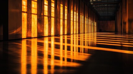 Poster - Cinematic space with dramatic light cast on polished floors during sunset in an industrial setting