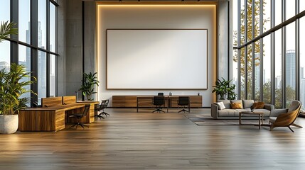 Aufkleber - Serene and Sophisticated Modern Minimalist Office Interior with Empty Wall Mockup Sleek Wooden Furniture and Elegant Decor Elements  3D Render of a Stylish and Contemporary Workspace Design