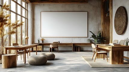 Aufkleber - Minimalist and modern office interior with an empty white wall mockup natural wood furniture including desks and chairs and a clean stylish workspace design rendered in 3D