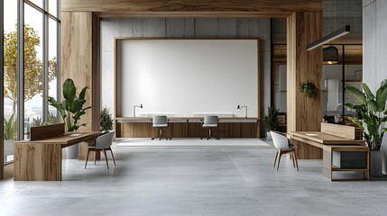 Aufkleber - Bright and clean contemporary office workspace interior design with a white wall mockup wooden furniture and modern desks and chairs in the background 3D rendered