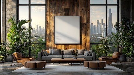 Aufkleber - Sleek and stylish modern office interior featuring a blank poster frame on a wooden accent wall surrounded by large windows showcasing a stunning cityscape view