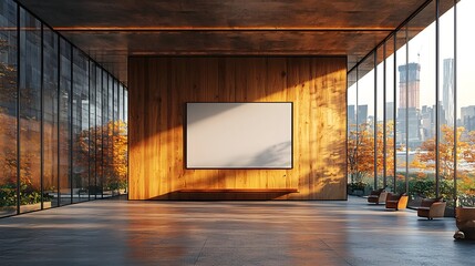 Poster - Sleek and modern office interior featuring a blank poster displayed on a warm wooden wall framed by large windows offering a stunning panoramic view of the cityscape outside
