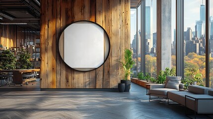 Aufkleber - Blank poster mockup displayed on a wooden wall in a modern office setting with large windows showcasing a stunning city skyline in the background  This renders a clean