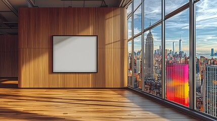 Aufkleber - Stylish and modern minimalist office interior with a blank poster on a warm wooden wall offering a vibrant and panoramic city skyline view through the large glass windows