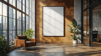 Aufkleber - Blank poster mockup displayed on a textured wooden wall in a modern office setting with large windows framing a stunning city skyline view