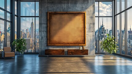 Aufkleber - Blank wooden poster frame hanging on the wall in a contemporary minimalist office space with large windows overlooking a panoramic cityscape and skyline view of a bustling metropolitan area