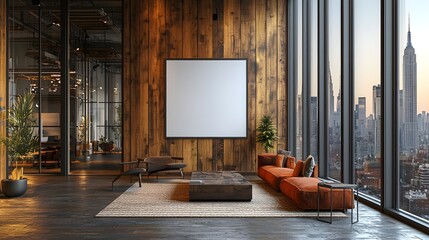 Aufkleber - Cozy and inviting modern office space with a blank poster on a warm wooden wall large glass windows providing a stunning view of the city skyline in the background