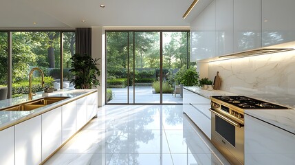 Aufkleber - Bright and elegant minimalist kitchen interior with a golden tap modern stove and open empty surfaces for a clean and sophisticated aesthetic  This spacious and airy room features large windows